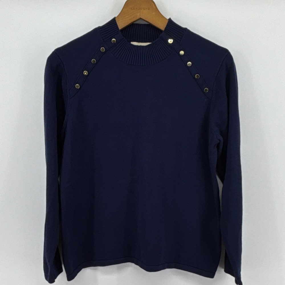 Appleseed's Navy Blue Knit Sweater Gold Button Accents Coastal Beach Nautical L